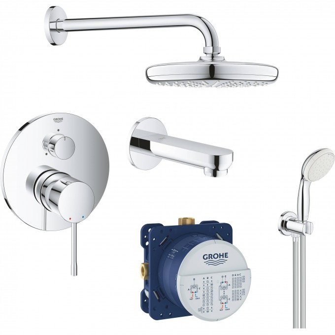 Набор для ванны: смеситель для ванны GROHE ESSENCE, верхний душ, ручной душ, круглая розетка, излив, хром () 119699
